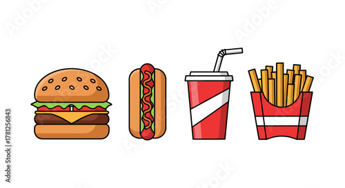Fast food icons: burger, hot dog, soda, and fries in colorful flat design