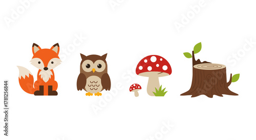 Cute woodland creatures with forest elements in flat style