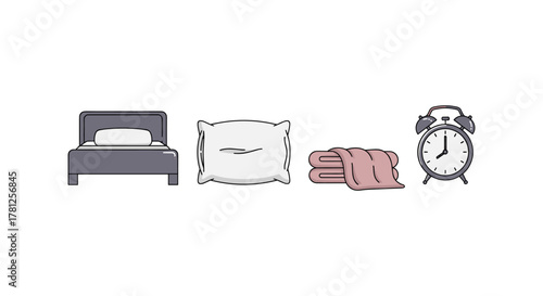 Cozy bedroom objects: bed, pillow, blanket, alarm clock icons in soft outline style