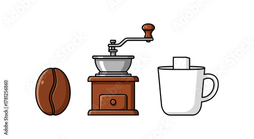 Coffee time: retro grinder, coffee bean, sugar, and cup in vibrant flat design