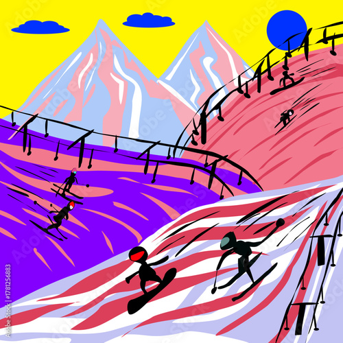 Abstract vector illustration of a high mountain ski slope with silhouettes of skiers and snowboarders. Dark silhouettes of athletes and ski lifts. Abstract winter illustration.