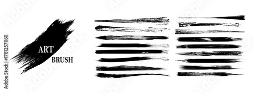 A set of straight line vector brush strokes with black hand-drawn stripes and smears. Includes Chinese and Japanese calligraphy brushstrokes, rough grunge paint lines.