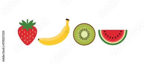 Colorful flat design fruit icons featuring strawberry, banana, kiwi, and watermelon