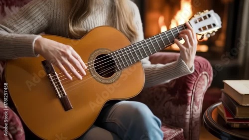  Young girl happily playing an acoustic guitar against a neutral background with copy space
