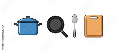 Colorful kitchenware set with pot, pan, spoon, and cutting board on white background