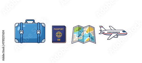Travel essentials: luggage, passport, map, and airplane in flat design