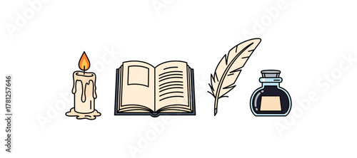 Vintage writing set with candle, open book, quill, and ink bottle in flat design