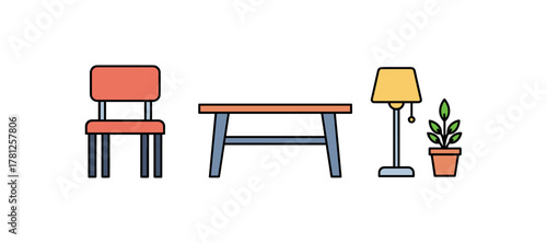 Minimalist furniture set: chair, table, lamp, and plant in flat design