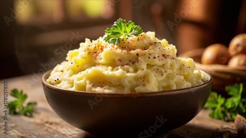 Creamy mashed potatoes in a white ceramic bowl, rustic style, comfort food side dish with copy space