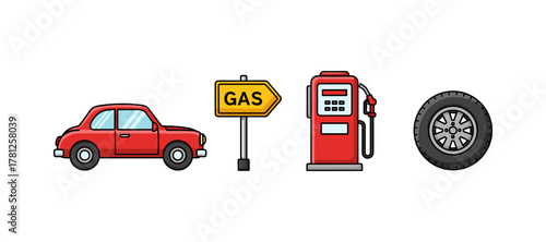 Cute retro car and gas station icon set with signage and tire