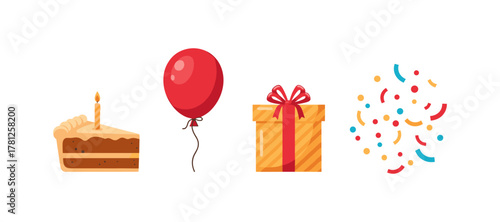 Fun birthday icons: cake, balloon, gift, and confetti celebration