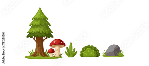 Cartoon forest elements with tree, mushrooms, bush, rock in nature scene