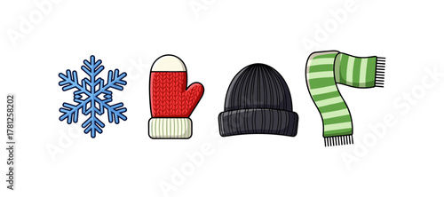 Winter essentials: snowflake, red mitten, beanie, and green scarf collection