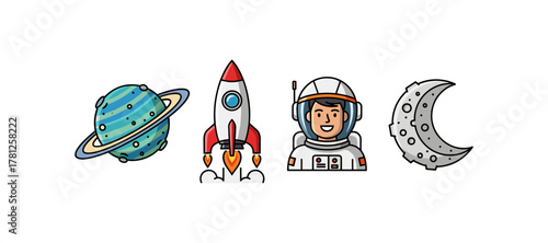 Colorful cartoon space icons: planet, rocket, astronaut, moon theme