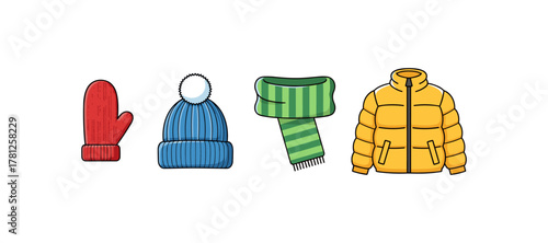 Winter clothing icons featuring mittens, hat, scarf, and puffer jacket in colorful style
