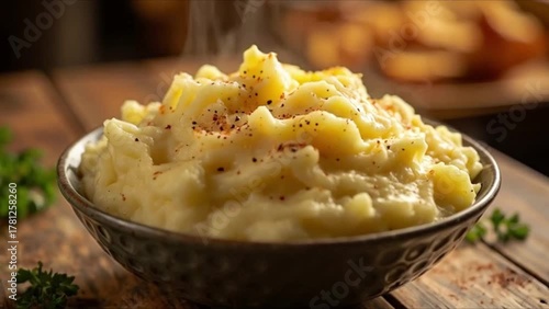 Creamy mashed potatoes in a white ceramic bowl, rustic style, comfort food side dish with copy space
