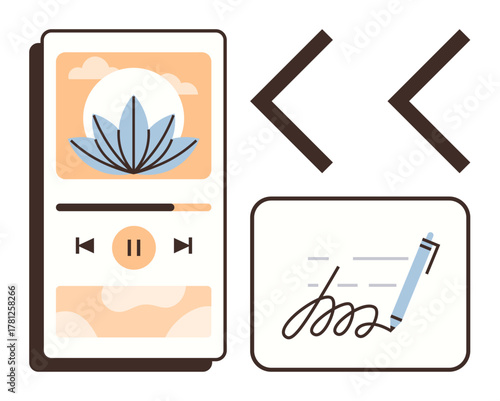 Mobile music player with lotus and meditation theme alongside a pen creating a signature, emphasizing digital creativity and mindfulness. Ideal for relaxation, productivity, apps, mindfulness, focus