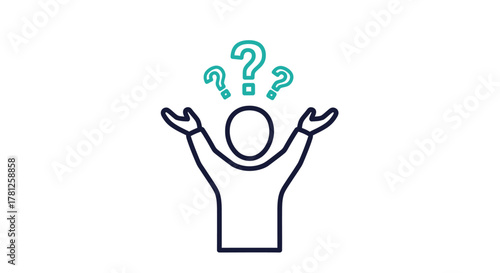 Person with raised arms and question marks above their head silhouette