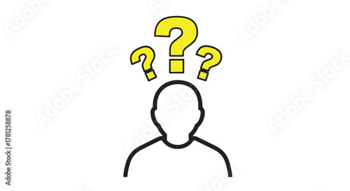 A head with multiple question marks above minimalistic art style silhouette