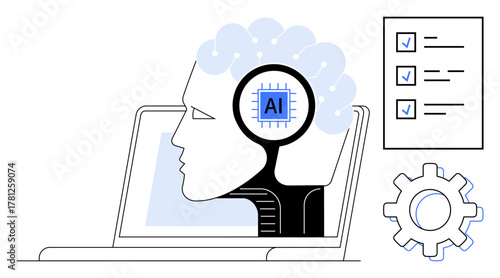 Profile head with AI chip inside laptop screen, checklist with tasks, and gear representing innovation. Ideal for concepts thumbs up AI, machine learning, technology adoption, workflow optimization