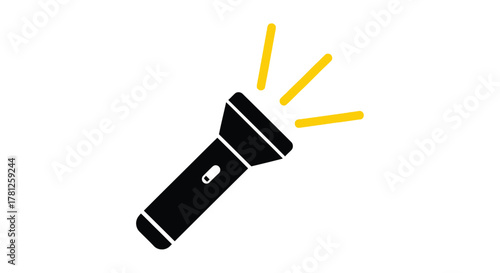 A minimalist black flashlight emitting bright yellow rays bold silhouette