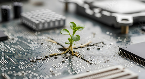 Plant growing on a computer circuit board, concept of technology and nature