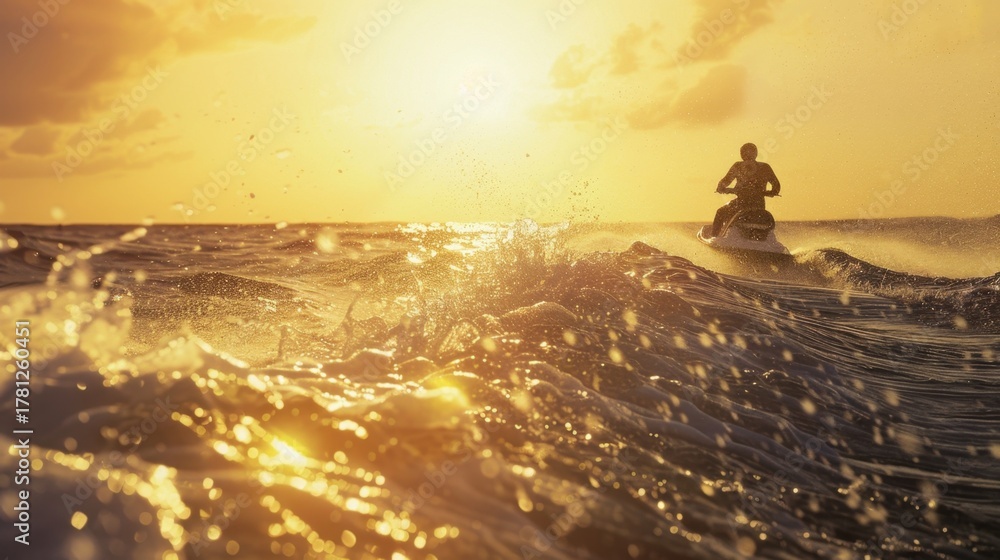 Obraz premium A person rides a jet ski on the ocean during sunset. Waves splash around, reflecting golden sunlight. The scene captures the thrill of water sports.
