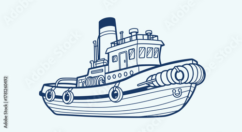 Vector Illustration of a Classic Blue Tugboat with Fender Bumpers and Smokestack