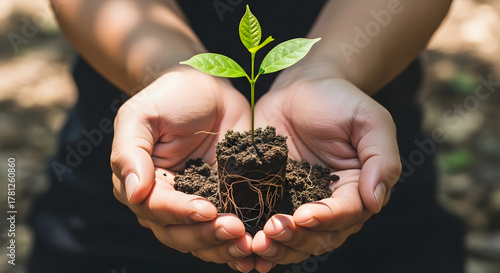 Close up of a person holding a small plant in their hands
