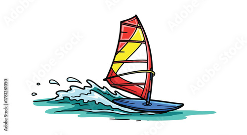 Cartoon Windsurfer Riding Waves on a Sunny Day, Action Sport Illustration