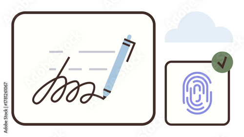 Pen creating a digital signature, fingerprint verification with checkmark, and cloud icon. Ideal for authentication, approval, security, technology, identity remote access communication. Simple