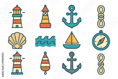 Nautical marine symbols set with anchors, lighthouses, compass, sailboat, and ropes