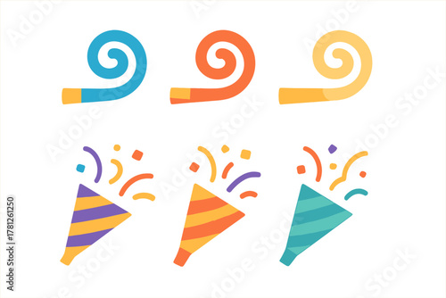 Vibrant set of colorful party blowers, noise makers, and confetti poppers for festive celebrations