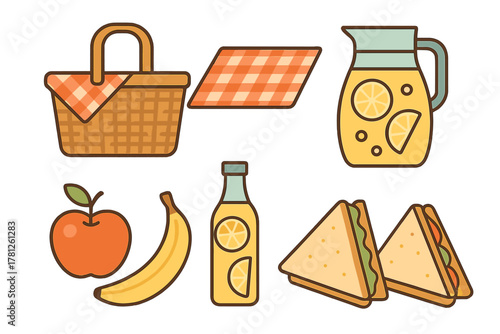 Essential items collection for a summer picnic: basket, blanket, sandwiches, fruit, and lemonade drinks
