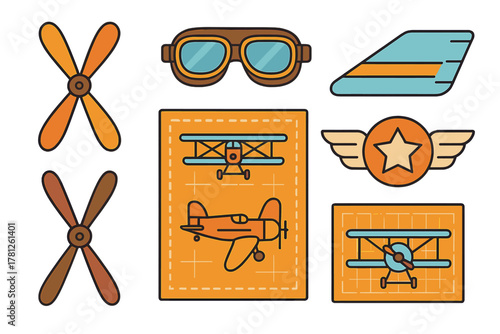 Collection of retro aviation elements including biplane schematics, pilot goggles, and propellers