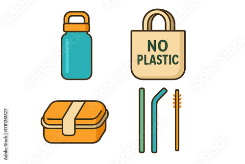 Reusable items collection for zero waste lifestyle including water bottle tote bag and lunch box
