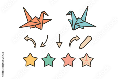 Colorful Japanese origami paper cranes, rating stars, and directional arrows set
