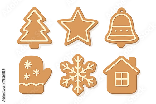 Festive holiday gingerbread cookies set including tree star bell mitten snowflake house shapes