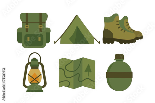 Essential outdoor adventure gear set: backpack, tent, hiking boots, lantern, map, and canteen icons