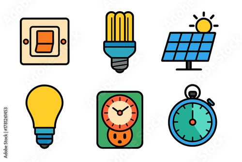 Energy, power, and time icons including light bulbs, wall switch, solar panel, and stopwatch