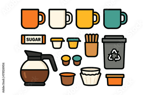 Set of stylized coffee and tea accessories featuring mugs, cups, sugar, and a coffee carafe