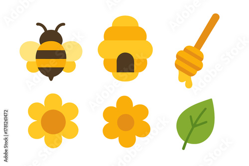 Cute stylized set of honey and nature icons featuring bee beehive dipper and flowers