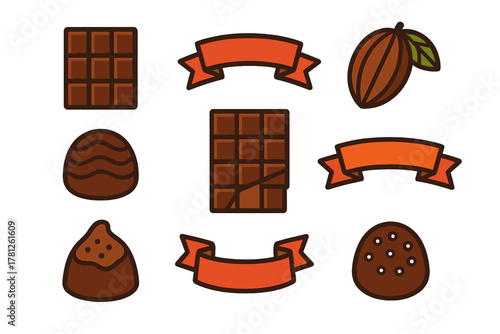 Assortment of chocolate bars truffles cocoa bean pod and decorative ribbons on white