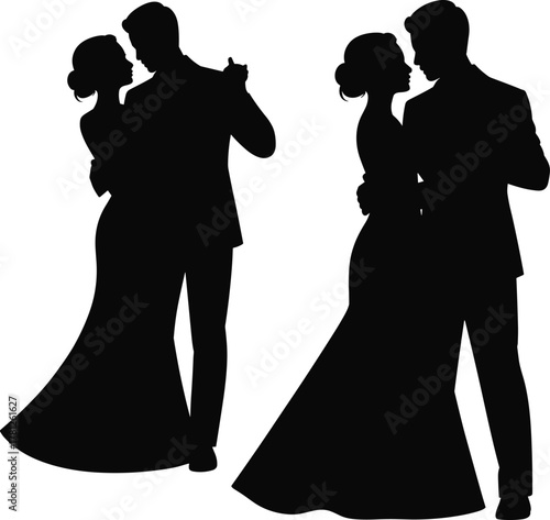 Couple dancing silhouette, ballroom vector, romantic movement, elegant pose, formal attire, graceful dance, black white icon, celebration, love, performance
