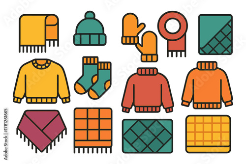 Colorful cozy winter clothing and accessories set including sweaters scarves hats and mittens