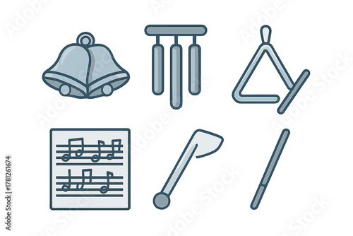 Set of various percussion instruments including bells, wind chimes, and triangle with sheet music symbols