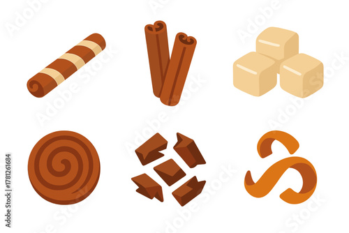 Assortment of sweet baking ingredients and spices like cinnamon, sugar, and chocolate