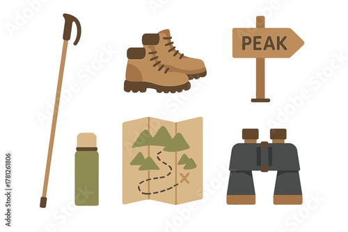 Essential hiking and trekking equipment collection including boots, map, binoculars, thermos, and peak sign