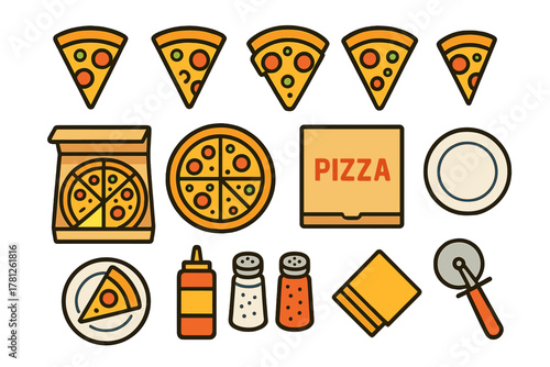 Collection of pizza icons including whole pie slices delivery box cutter and condiments