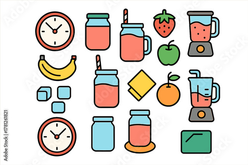 Colorful icons representing fresh fruit, blenders, and ingredients for making healthy nutritious smoothies
